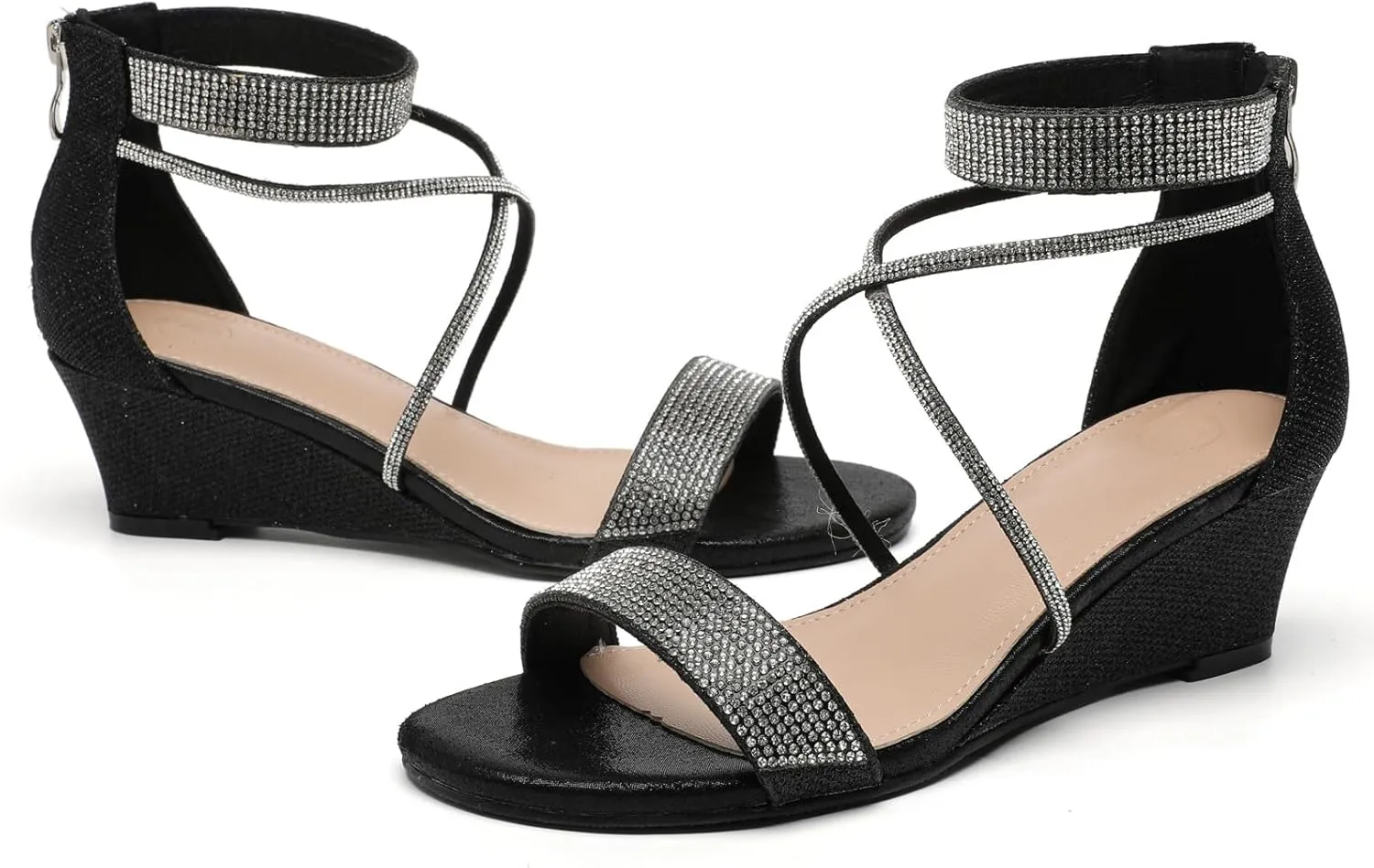 DADAWEN Women's Open Toe Ankle Strap Glitter Rhinestones Low Wedge Sandals Party Wedding Dress Pumps Shoes