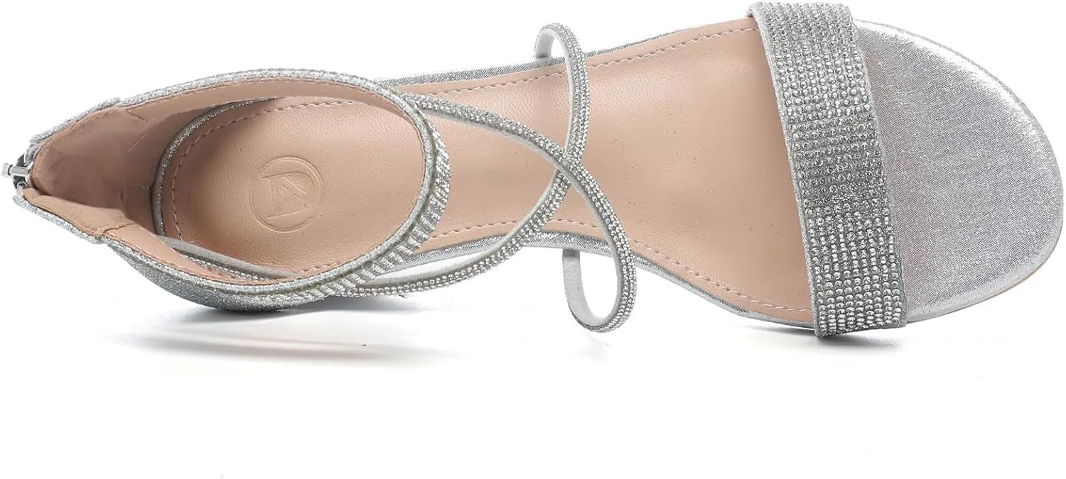 DADAWEN Women's Open Toe Ankle Strap Glitter Rhinestones Low Wedge Sandals Party Wedding Dress Pumps Shoes