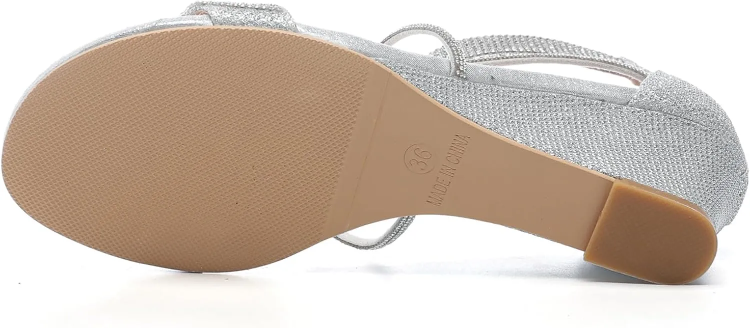 DADAWEN Women's Open Toe Ankle Strap Glitter Rhinestones Low Wedge Sandals Party Wedding Dress Pumps Shoes