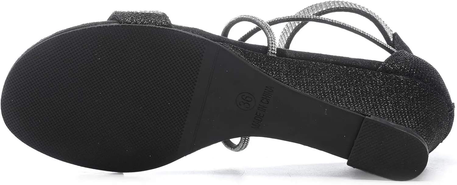 DADAWEN Women's Open Toe Ankle Strap Glitter Rhinestones Low Wedge Sandals Party Wedding Dress Pumps Shoes