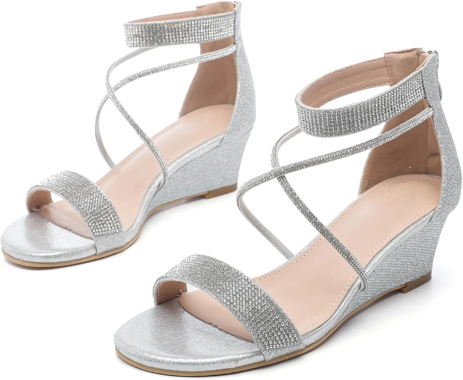 DADAWEN Women's Open Toe Ankle Strap Glitter Rhinestones Low Wedge Sandals Party Wedding Dress Pumps Shoes