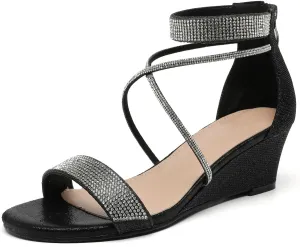 DADAWEN Women's Open Toe Ankle Strap Glitter Rhinestones Low Wedge Sandals Party Wedding Dress Pumps Shoes
