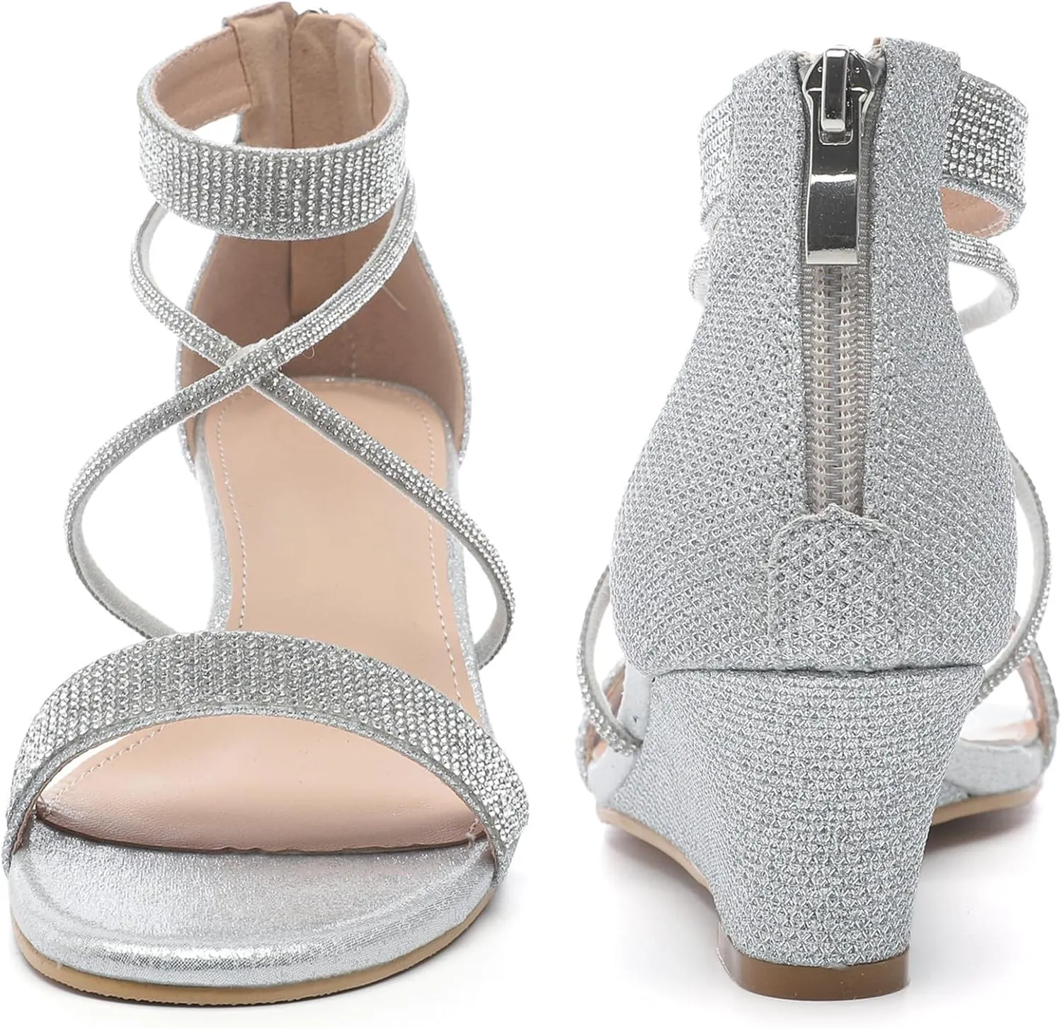 DADAWEN Women's Open Toe Ankle Strap Glitter Rhinestones Low Wedge Sandals Party Wedding Dress Pumps Shoes