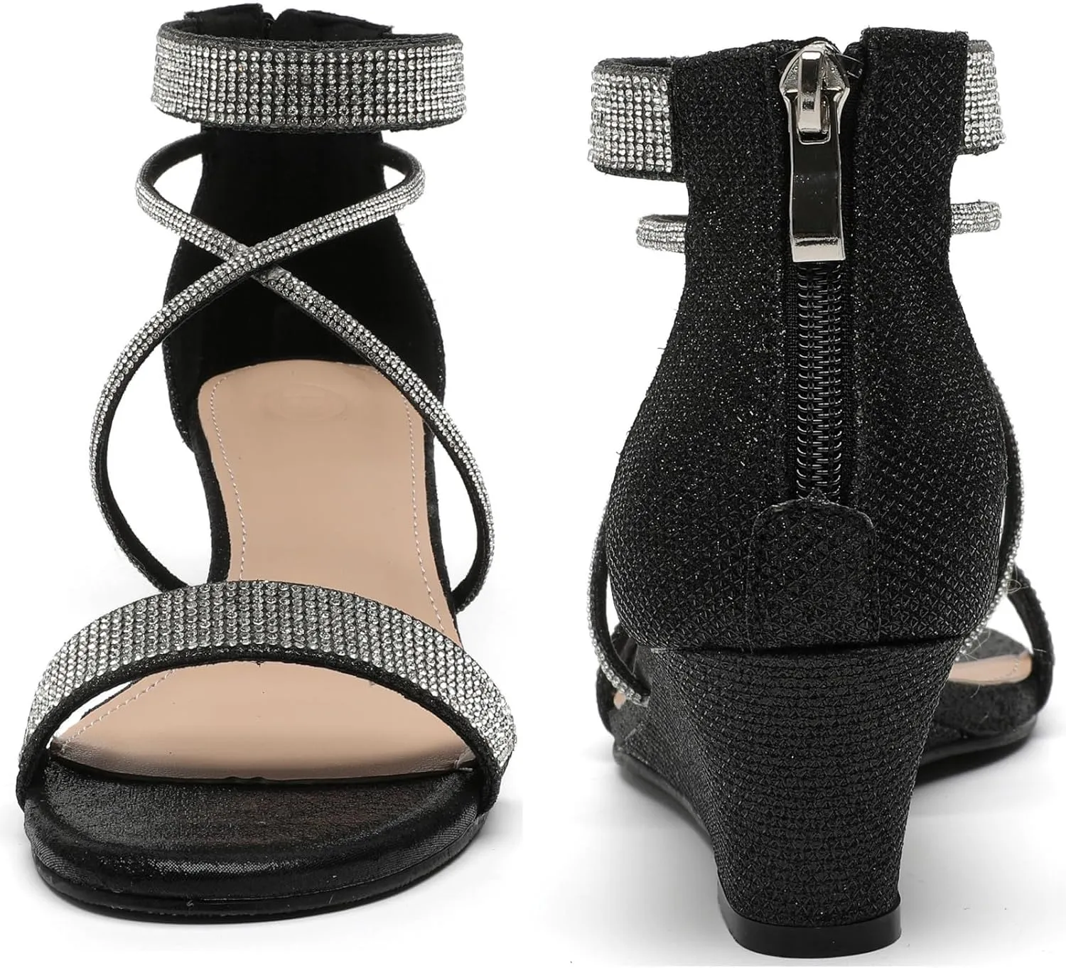 DADAWEN Women's Open Toe Ankle Strap Glitter Rhinestones Low Wedge Sandals Party Wedding Dress Pumps Shoes