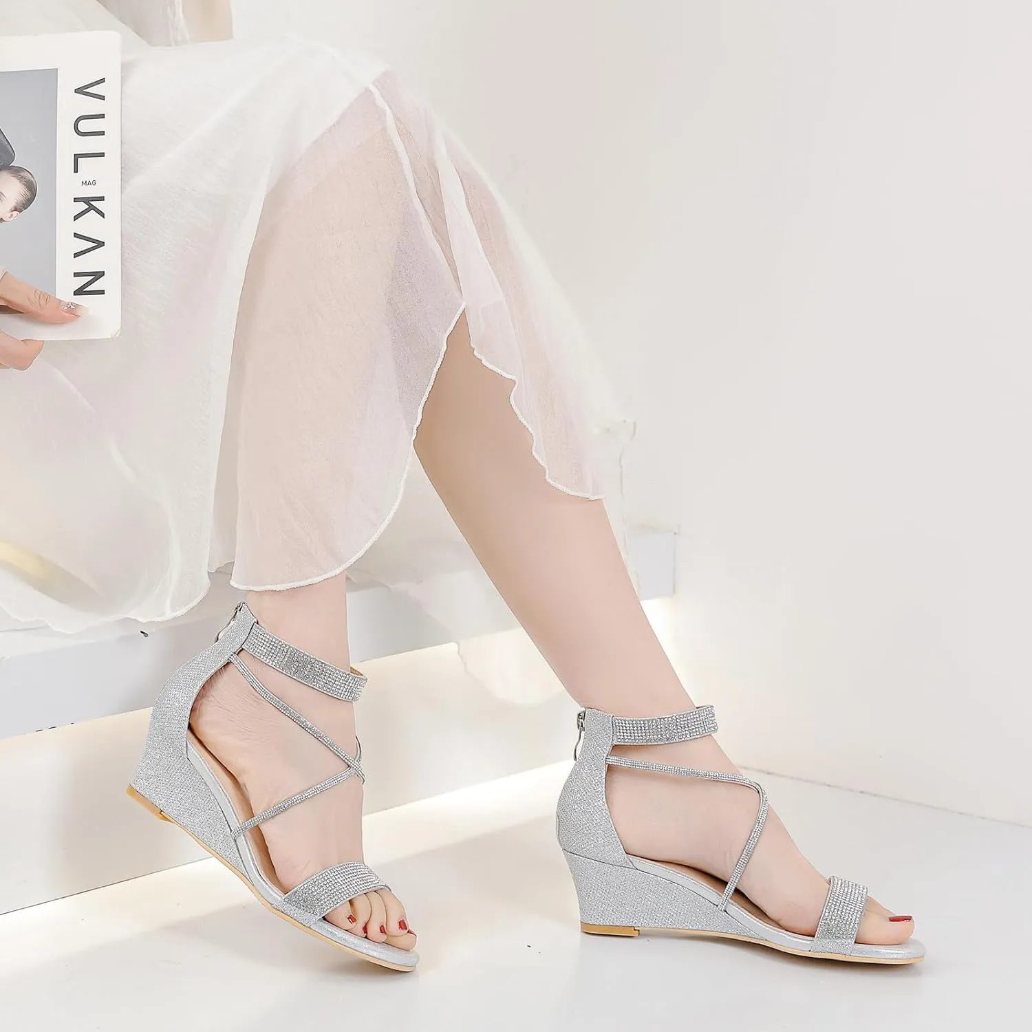 DADAWEN Women's Open Toe Ankle Strap Glitter Rhinestones Low Wedge Sandals Party Wedding Dress Pumps Shoes