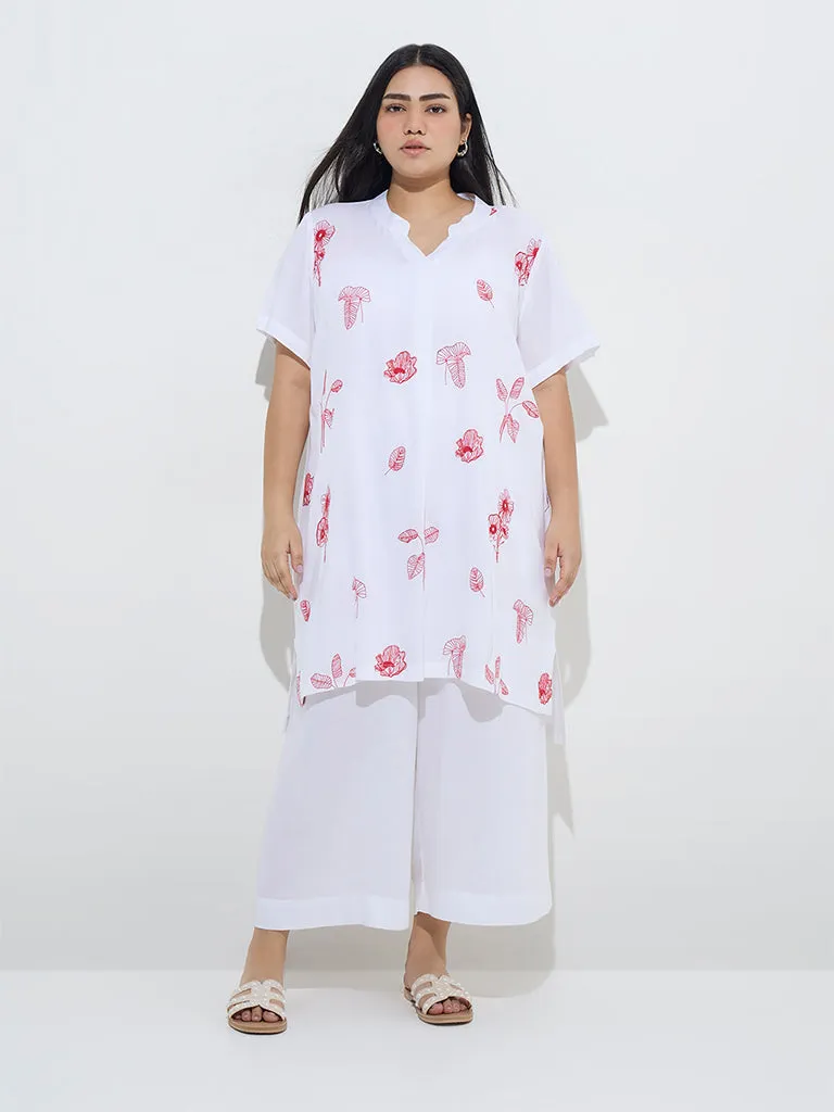 Diza White Botanical Embroidered High-Low Kurta