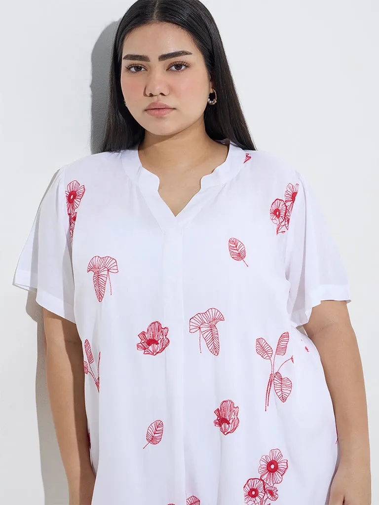 Diza White Botanical Embroidered High-Low Kurta