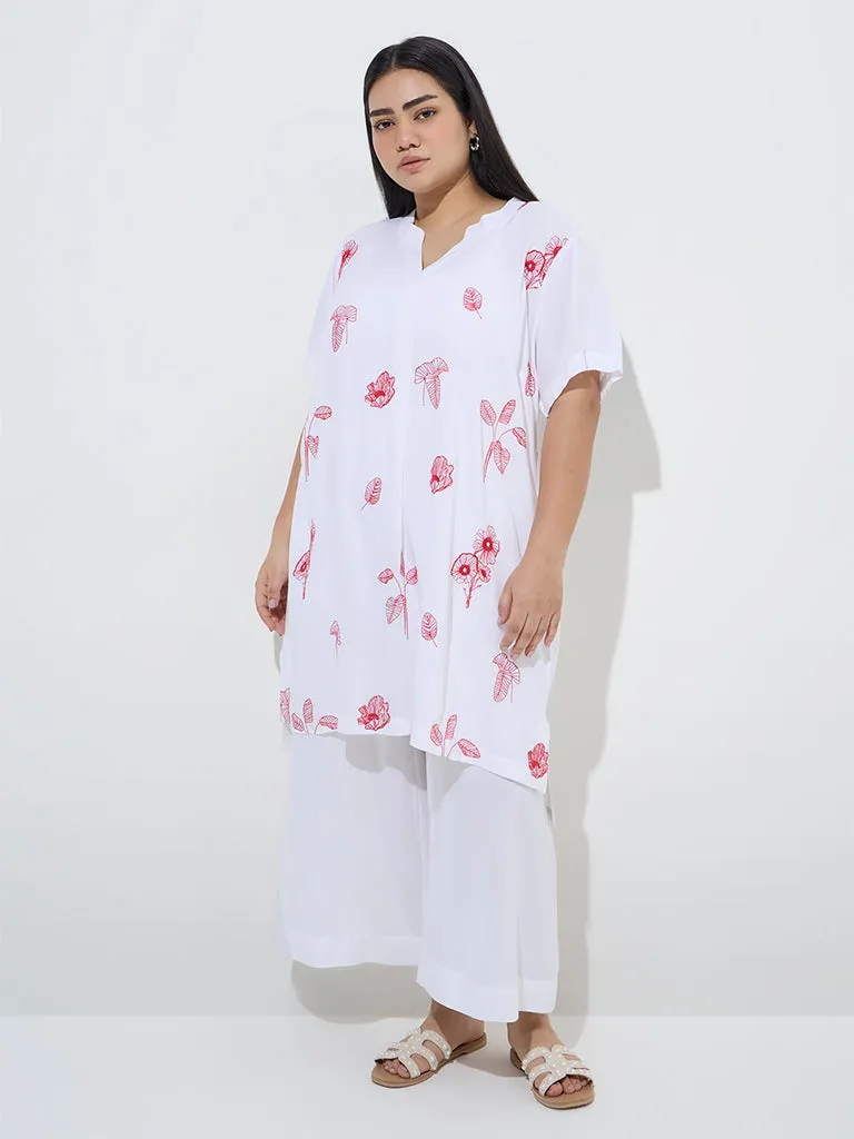 Diza White Botanical Embroidered High-Low Kurta