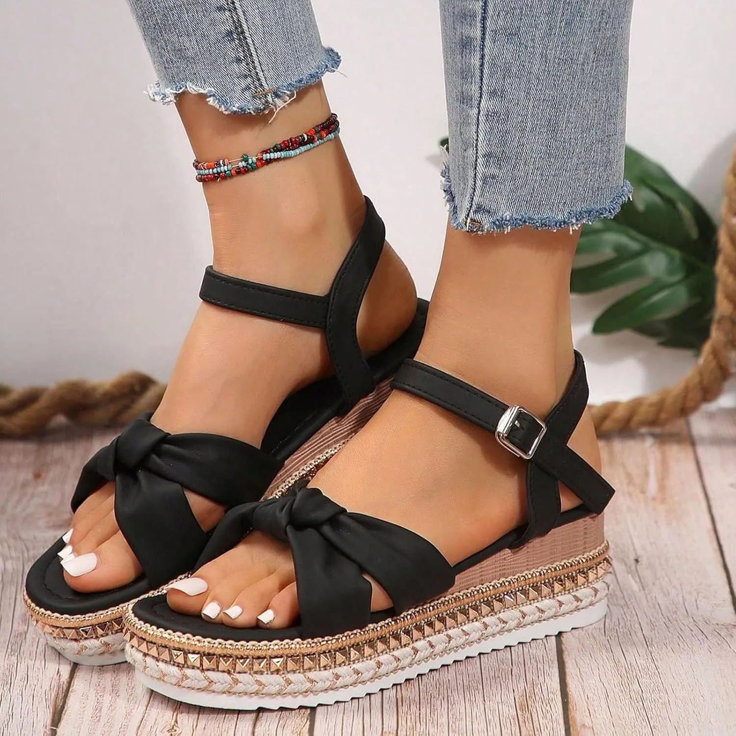 Espadrille Wedge Platform Sandals for Women 2025 Bowknot Open Toe Ankle Strap Sandals Comfortable Rhinestones Sole Summer Dressy Beach Women Slip on Ankle Strap Shoes