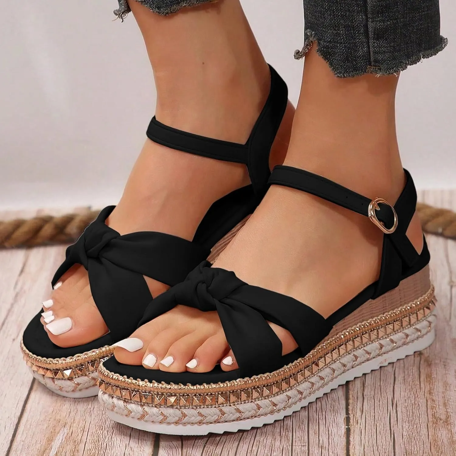 Espadrille Wedge Platform Sandals for Women 2025 Bowknot Open Toe Ankle Strap Sandals Comfortable Rhinestones Sole Summer Dressy Beach Women Slip on Ankle Strap Shoes