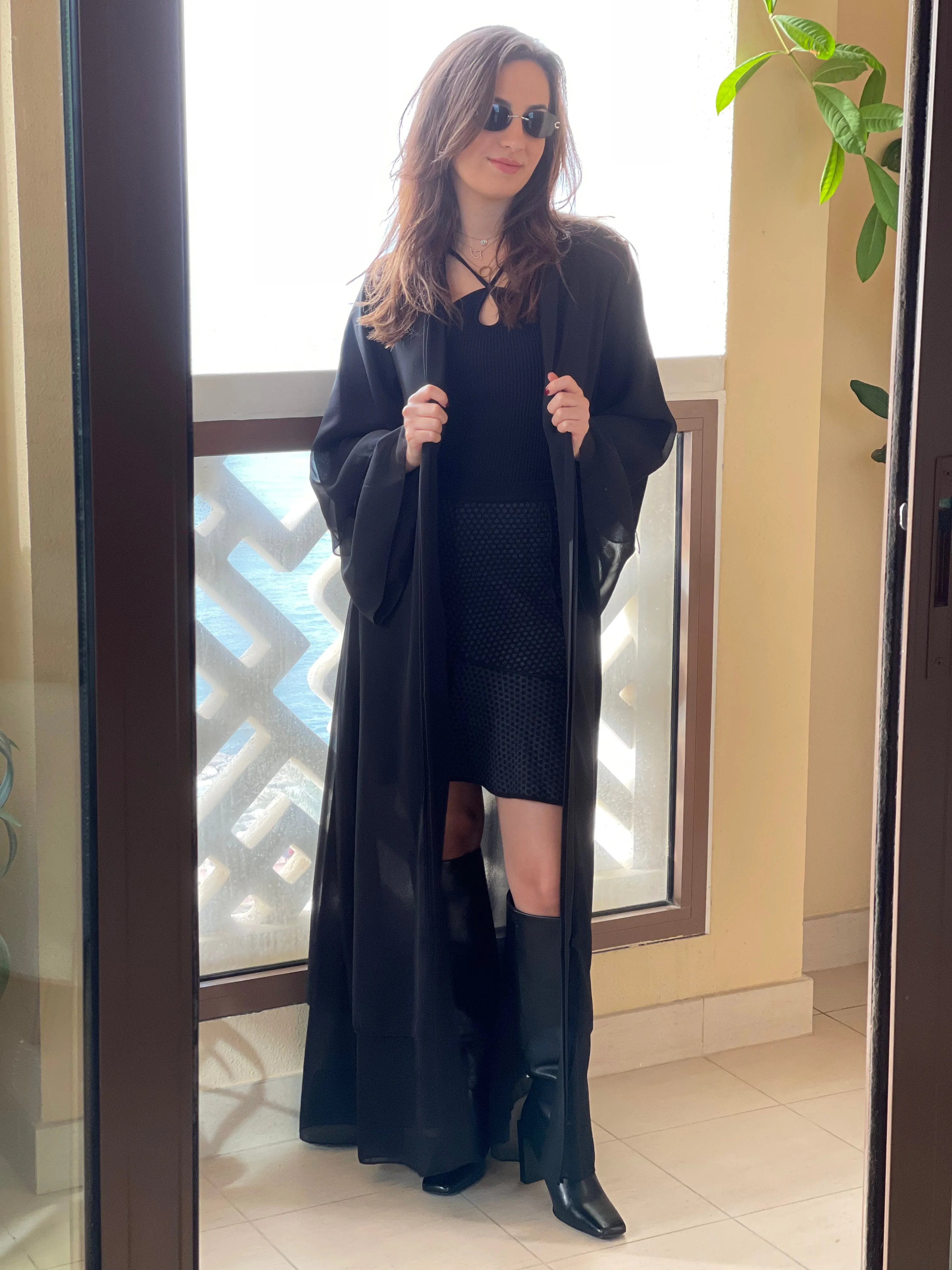 Fashion - Kaftan Belted Chiffon Open Front - Black