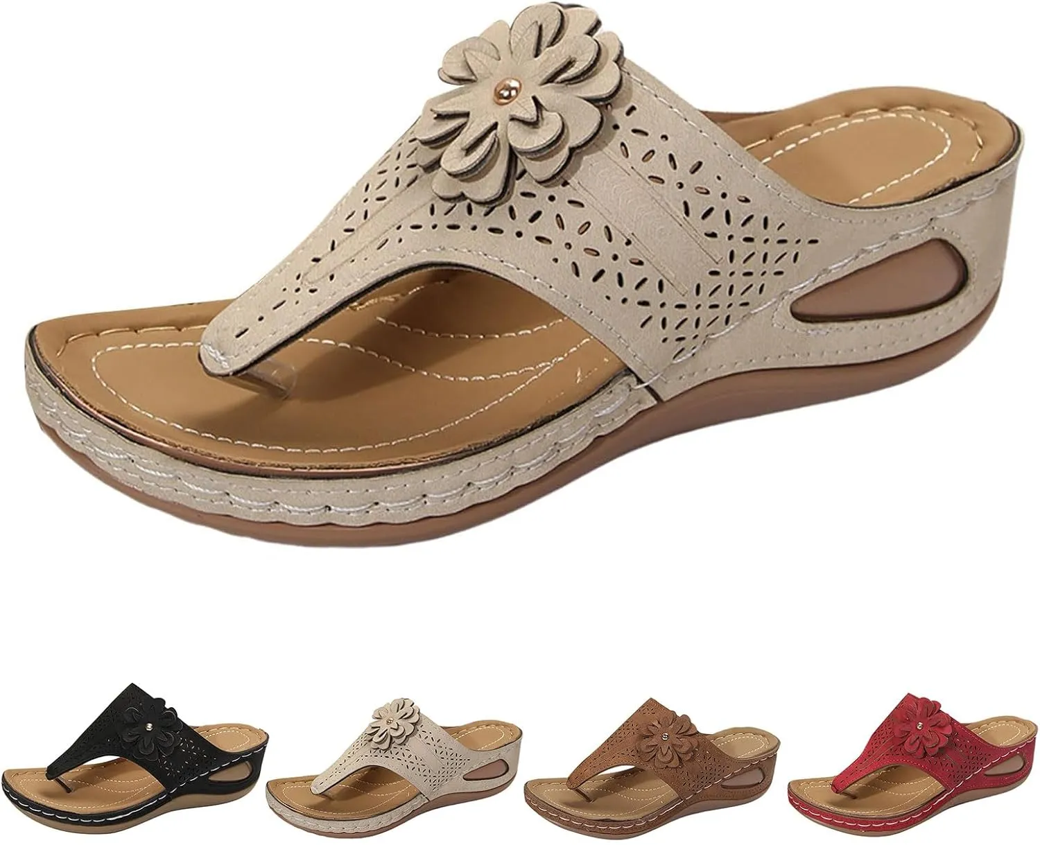 Flip Flops for Women Summer Arch Support Orthopedic Sandals Fashion Hollow Flower Breathable Slippers Comfort Plantar Fasciitis Slip on Flat Sandals All Day Comfort