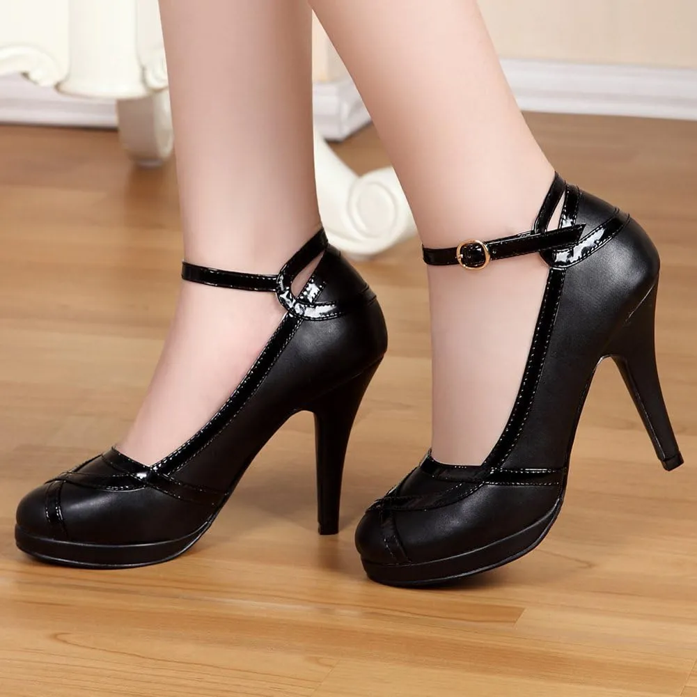 getmorebeauty Women's Vintage Retro Black and White Ankle Strappy Buckle Dress High Heels