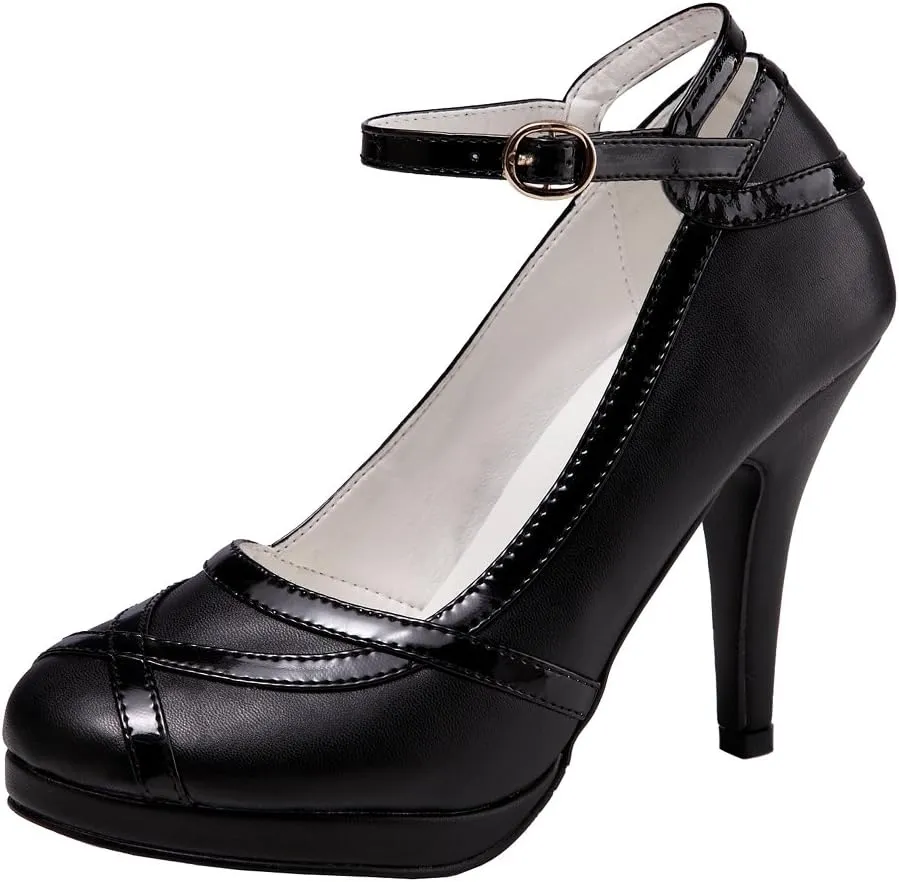 getmorebeauty Women's Vintage Retro Black and White Ankle Strappy Buckle Dress High Heels