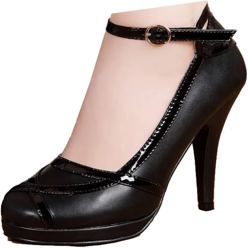 getmorebeauty Women's Vintage Retro Black and White Ankle Strappy Buckle Dress High Heels