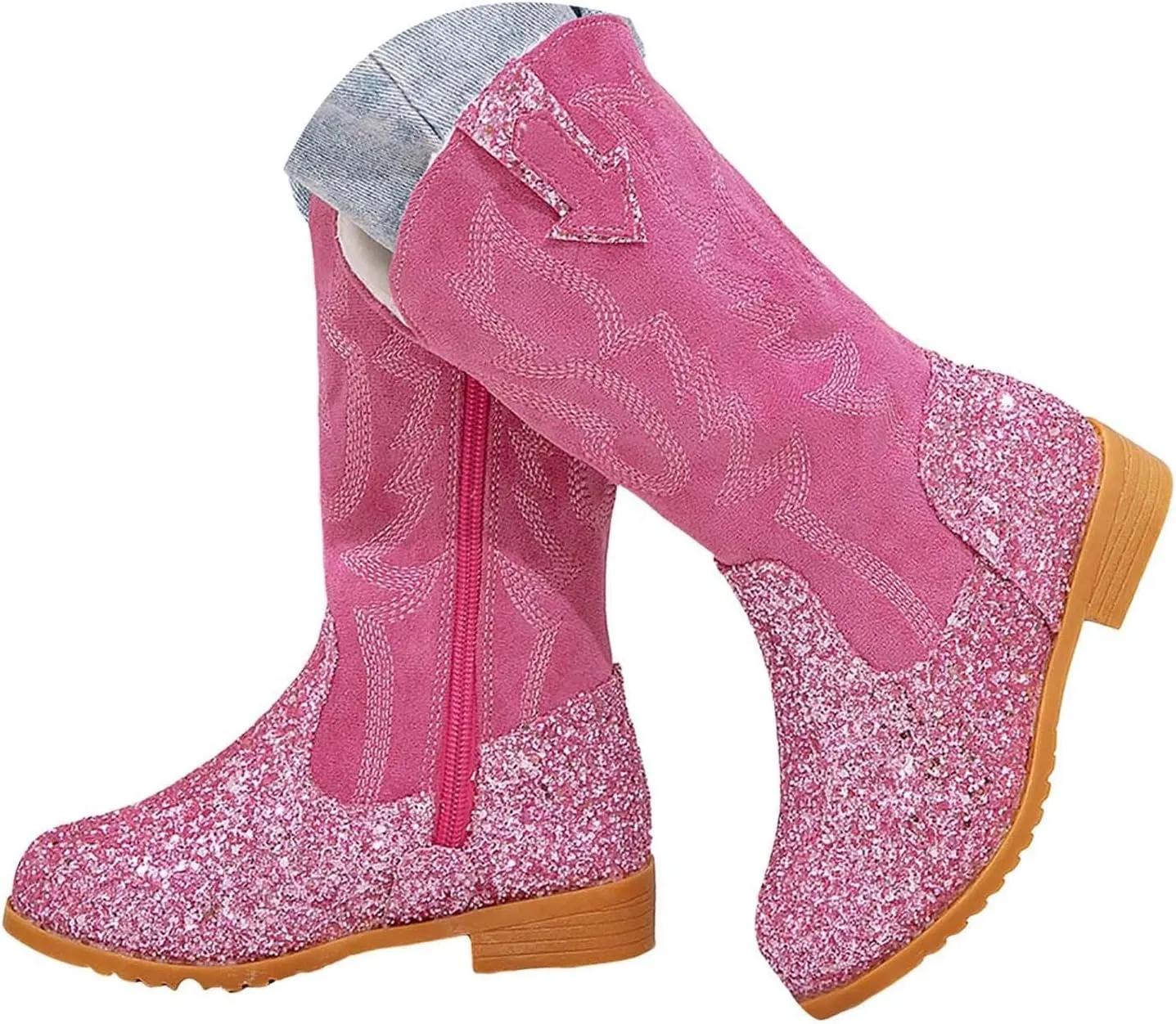 Girls Cowgirl Boots Mid Calf Square Toe Western Boot for Kids Glitter Cowboy Boots Party Toddler Girls Riding Shoes