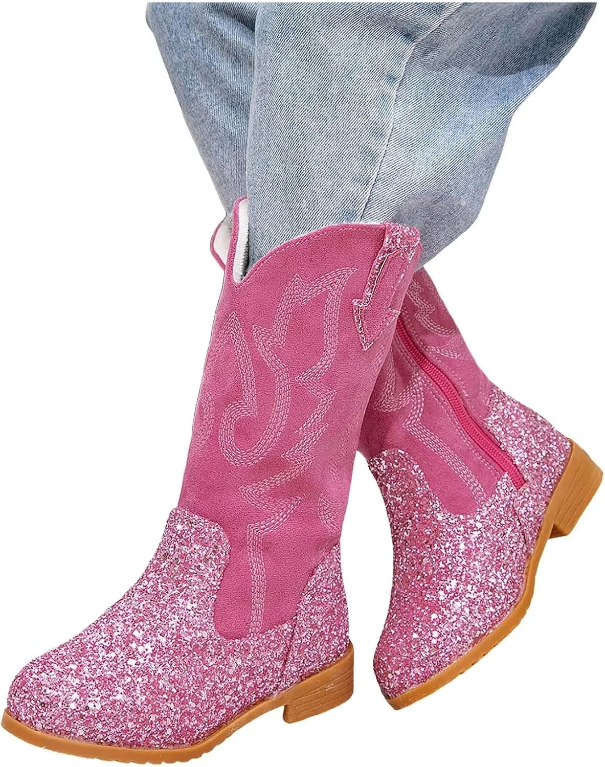 Girls Cowgirl Boots Mid Calf Square Toe Western Boot for Kids Glitter Cowboy Boots Party Toddler Girls Riding Shoes