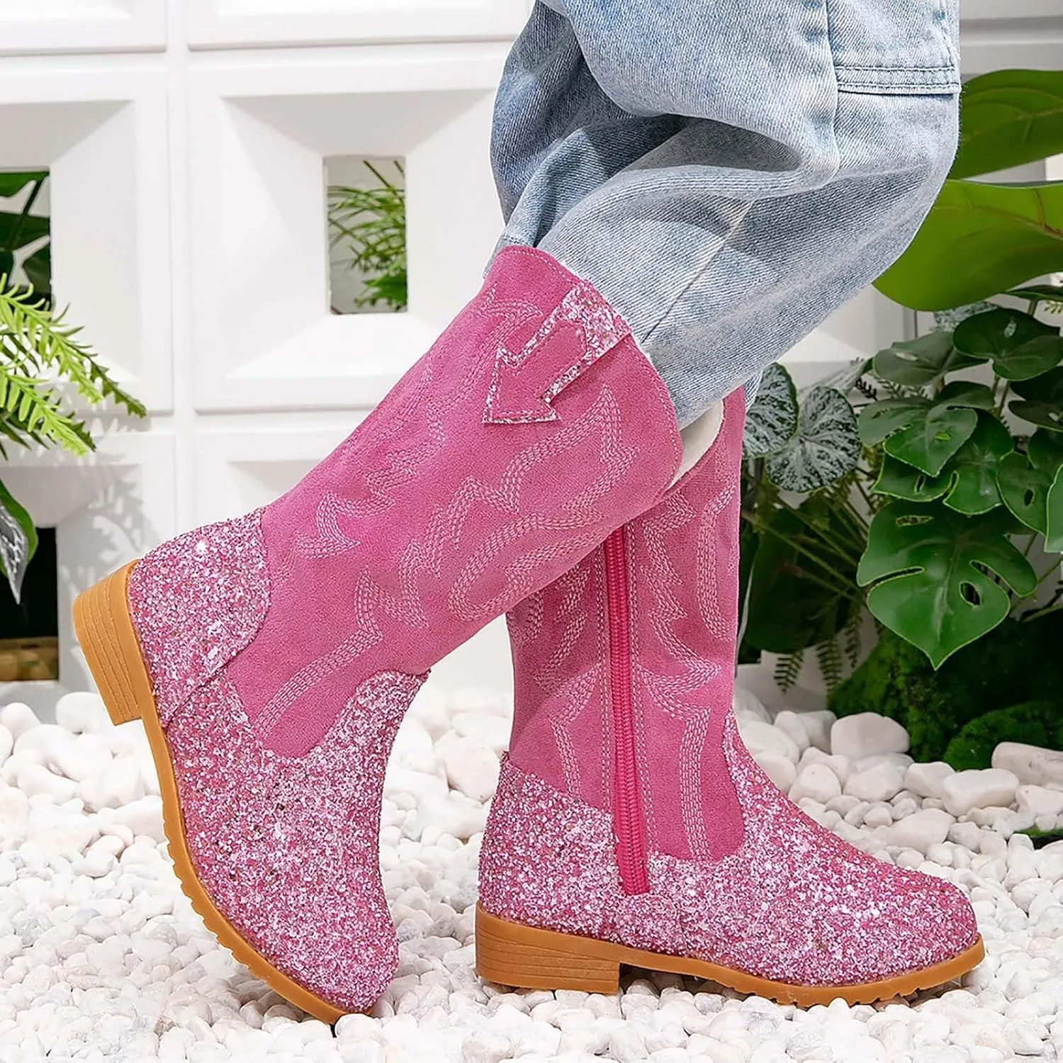 Girls Cowgirl Boots Mid Calf Square Toe Western Boot for Kids Glitter Cowboy Boots Party Toddler Girls Riding Shoes