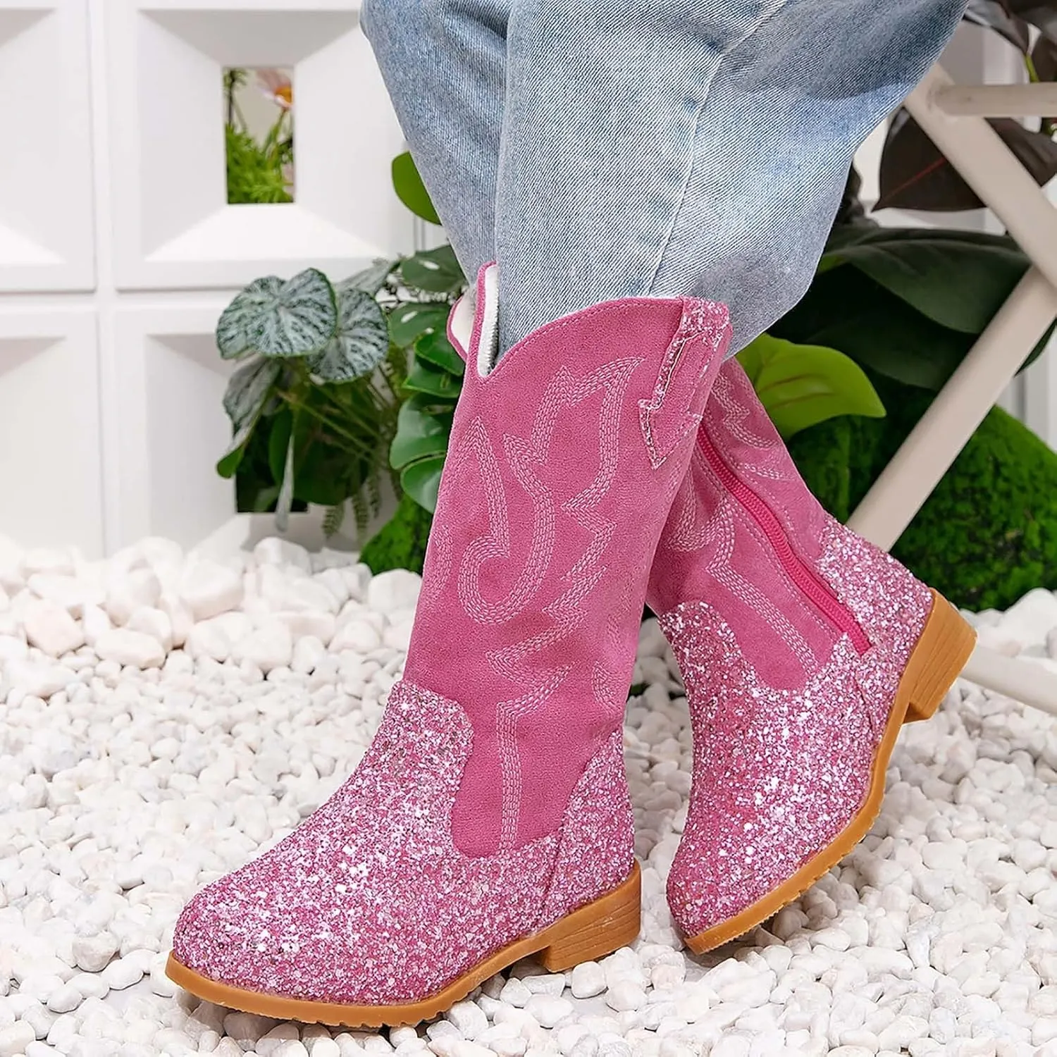 Girls Cowgirl Boots Mid Calf Square Toe Western Boot for Kids Glitter Cowboy Boots Party Toddler Girls Riding Shoes