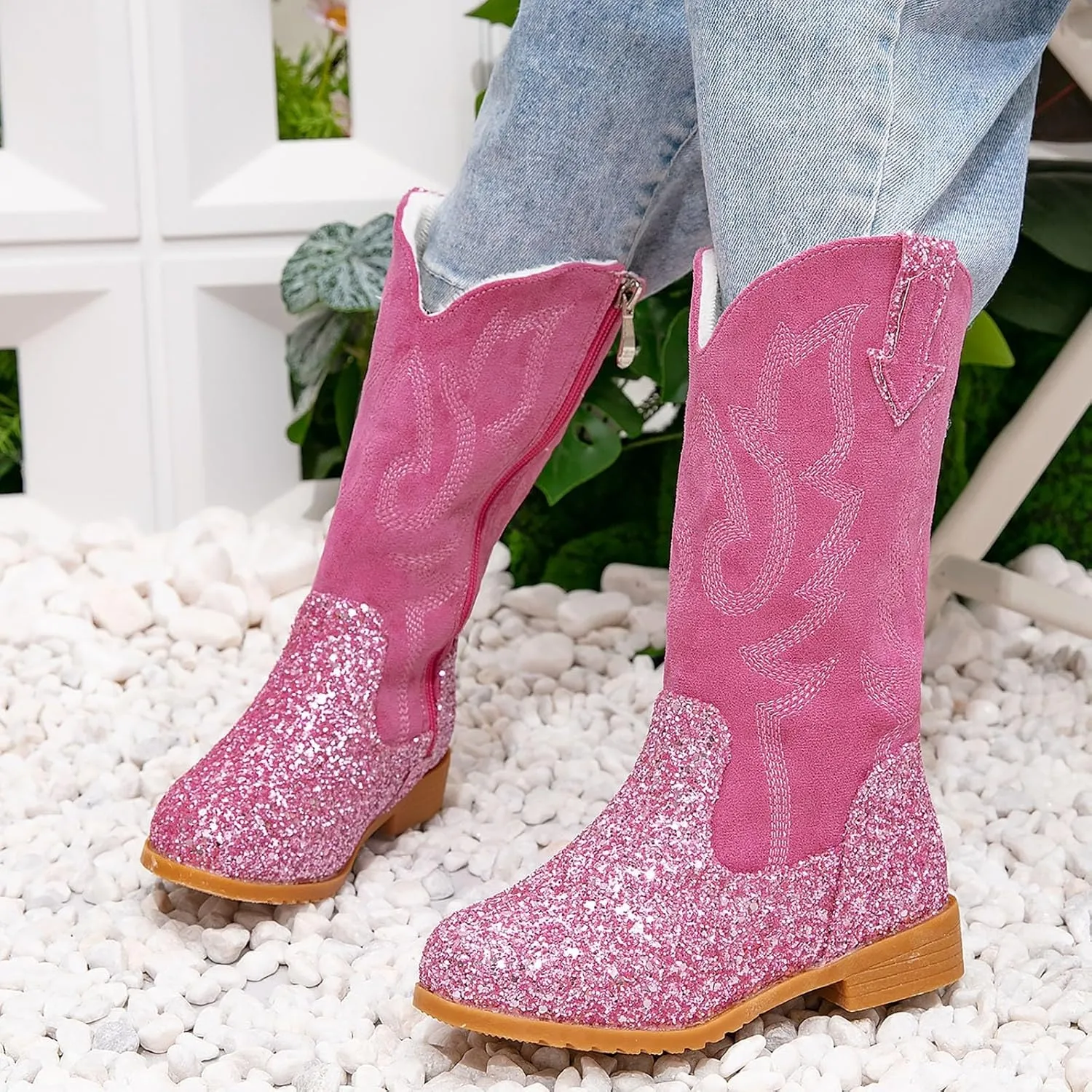 Girls Cowgirl Boots Mid Calf Square Toe Western Boot for Kids Glitter Cowboy Boots Party Toddler Girls Riding Shoes