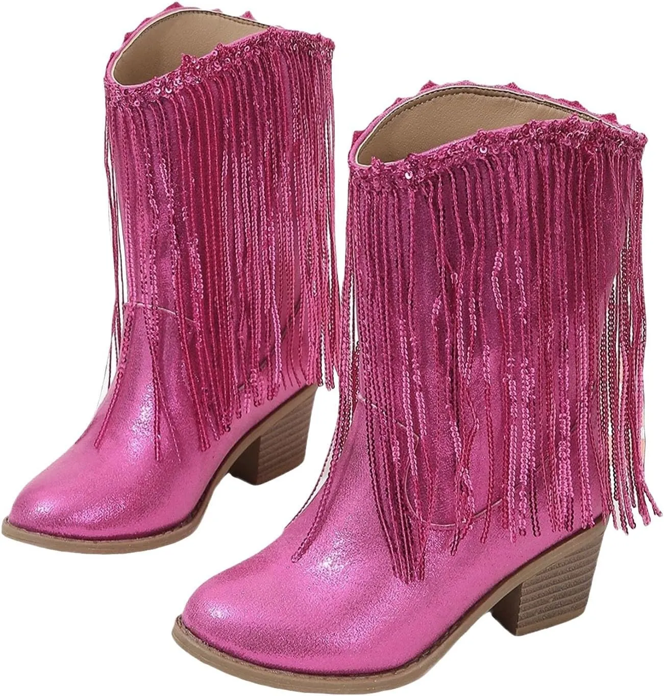Girls Cowgirl Boots Mid Calf Square Toe Western Boot for Kids Glitter Cowboy Boots Toddler Girls Horse Riding Shoes