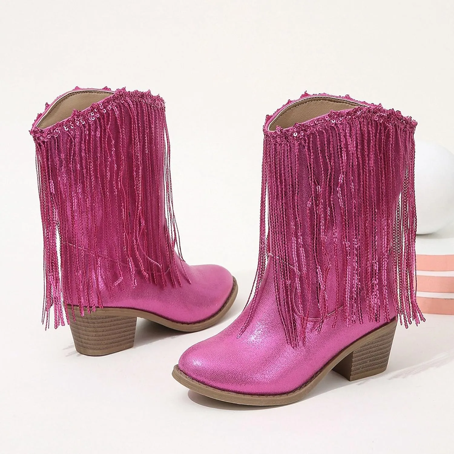 Girls Cowgirl Boots Mid Calf Square Toe Western Boot for Kids Glitter Cowboy Boots Toddler Girls Horse Riding Shoes
