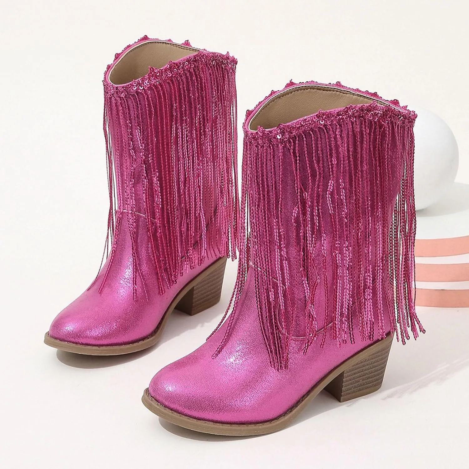 Girls Cowgirl Boots Mid Calf Square Toe Western Boot for Kids Glitter Cowboy Boots Toddler Girls Horse Riding Shoes