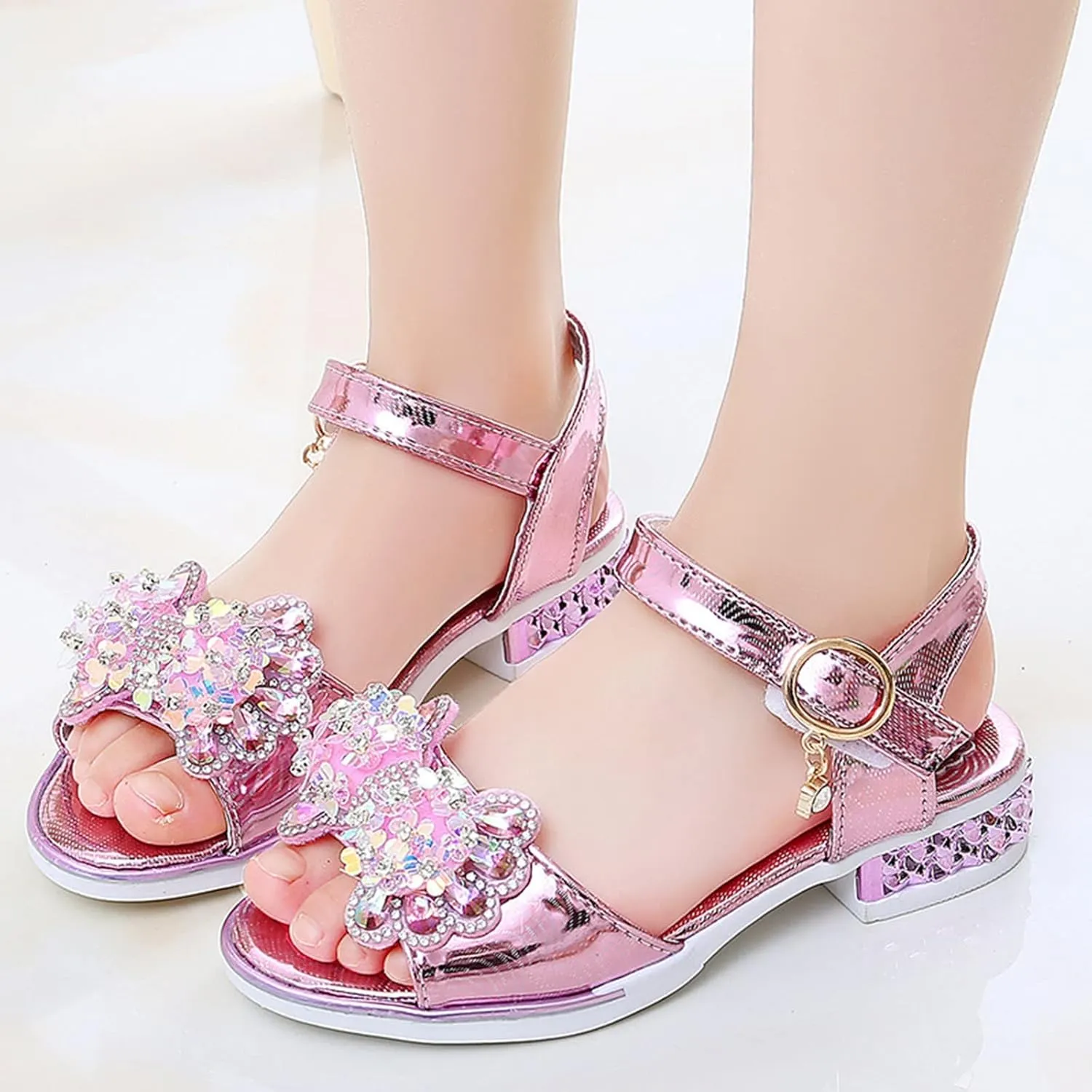 Girls Fashion Low Heels Dress Open Toe Rhinestone Butterfly Sandals Summer Sandals for Girls Wedding Party Sandals (Pink, 3.5-4 Years Toddler)