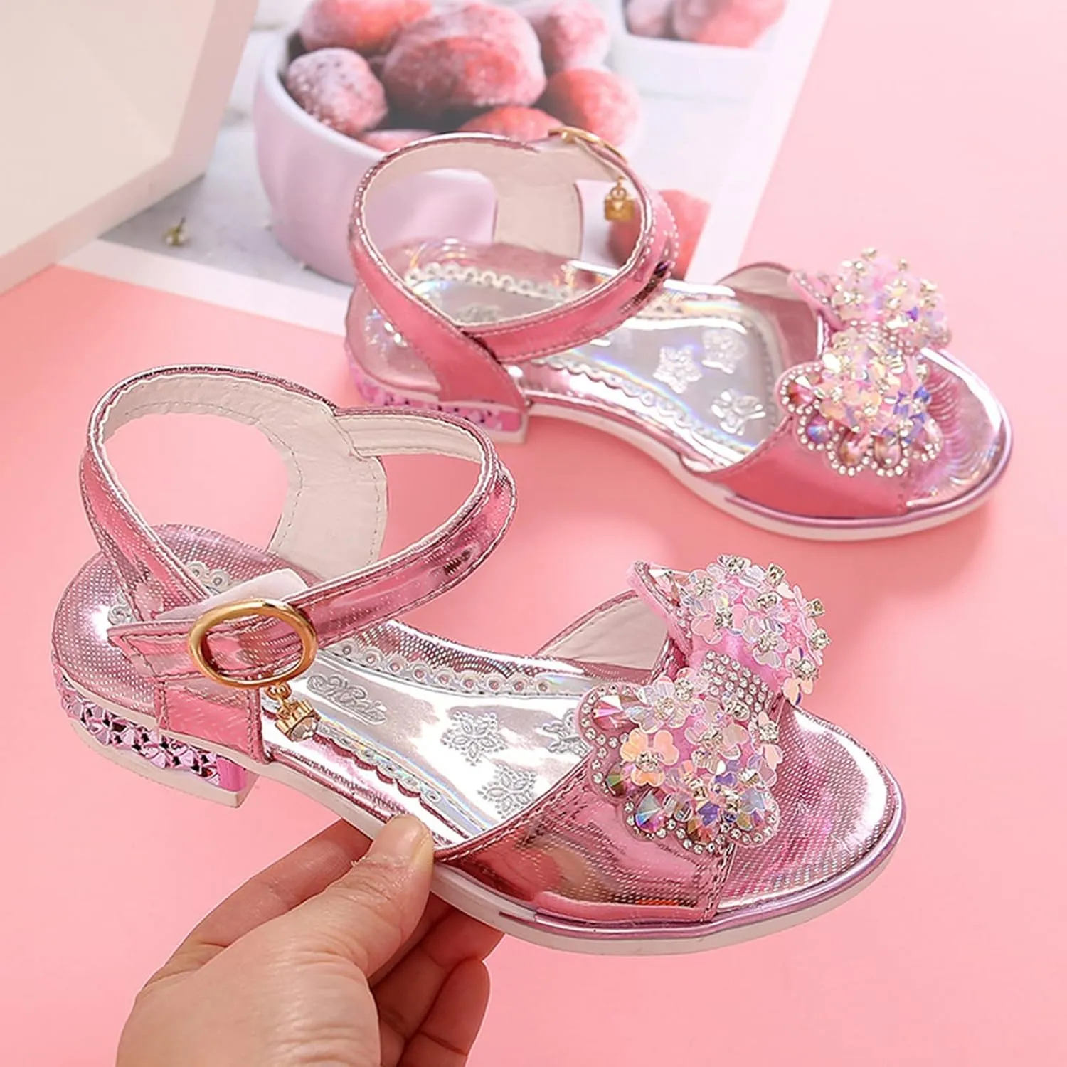 Girls Fashion Low Heels Dress Open Toe Rhinestone Butterfly Sandals Summer Sandals for Girls Wedding Party Sandals (Pink, 3.5-4 Years Toddler)