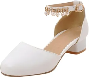 Girls Mary Jane Dress Shoes Pumps Low Heels Flower Party High School Prom Sandals Shining Lightweight Princess Soft Summer Sandals