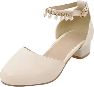 Girls Mary Jane Dress Shoes Pumps Low Heels Flower Party High School Prom Sandals Shining Lightweight Princess Soft Summer Sandals