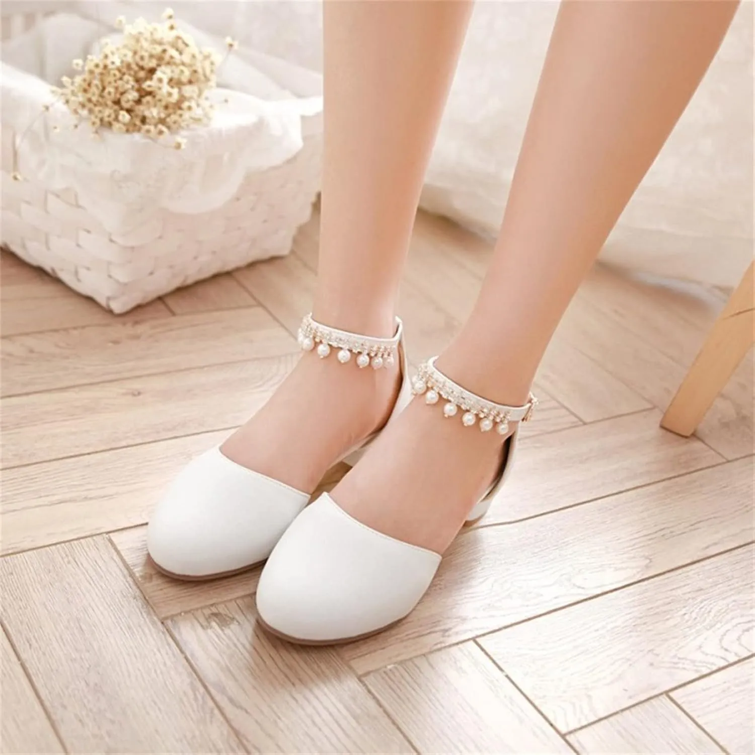 Girls Mary Jane Dress Shoes Pumps Low Heels Flower Party High School Prom Sandals Shining Lightweight Princess Soft Summer Sandals