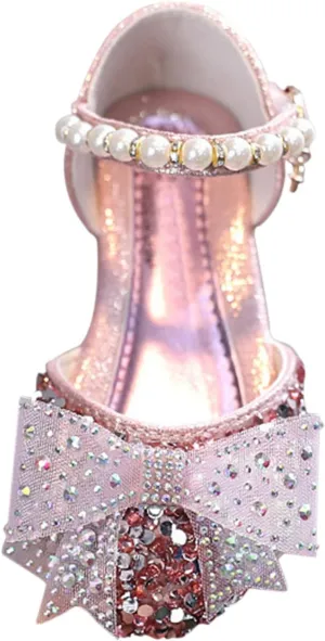 Girls Mary Jane Shoes Sparkle Bow Pearl Sequins Ballet Flats for Flower Girl Wedding Party Princess Shoes Slip On Sandals