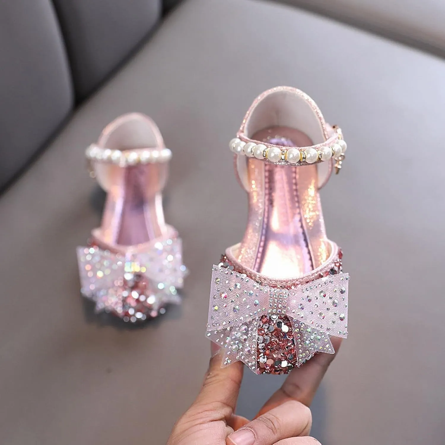 Girls Mary Jane Shoes Sparkle Bow Pearl Sequins Ballet Flats for Flower Girl Wedding Party Princess Shoes Slip On Sandals