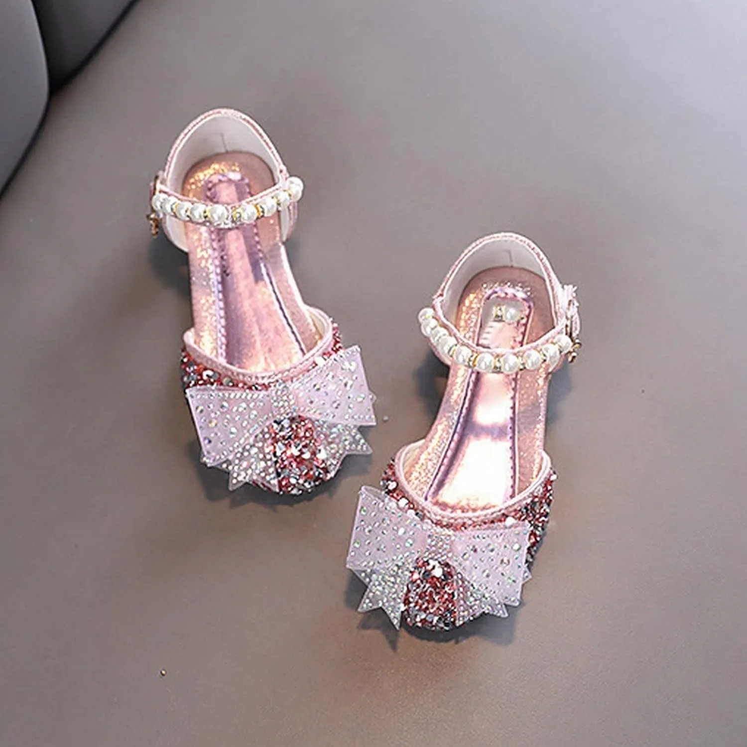 Girls Mary Jane Shoes Sparkle Bow Pearl Sequins Ballet Flats for Flower Girl Wedding Party Princess Shoes Slip On Sandals