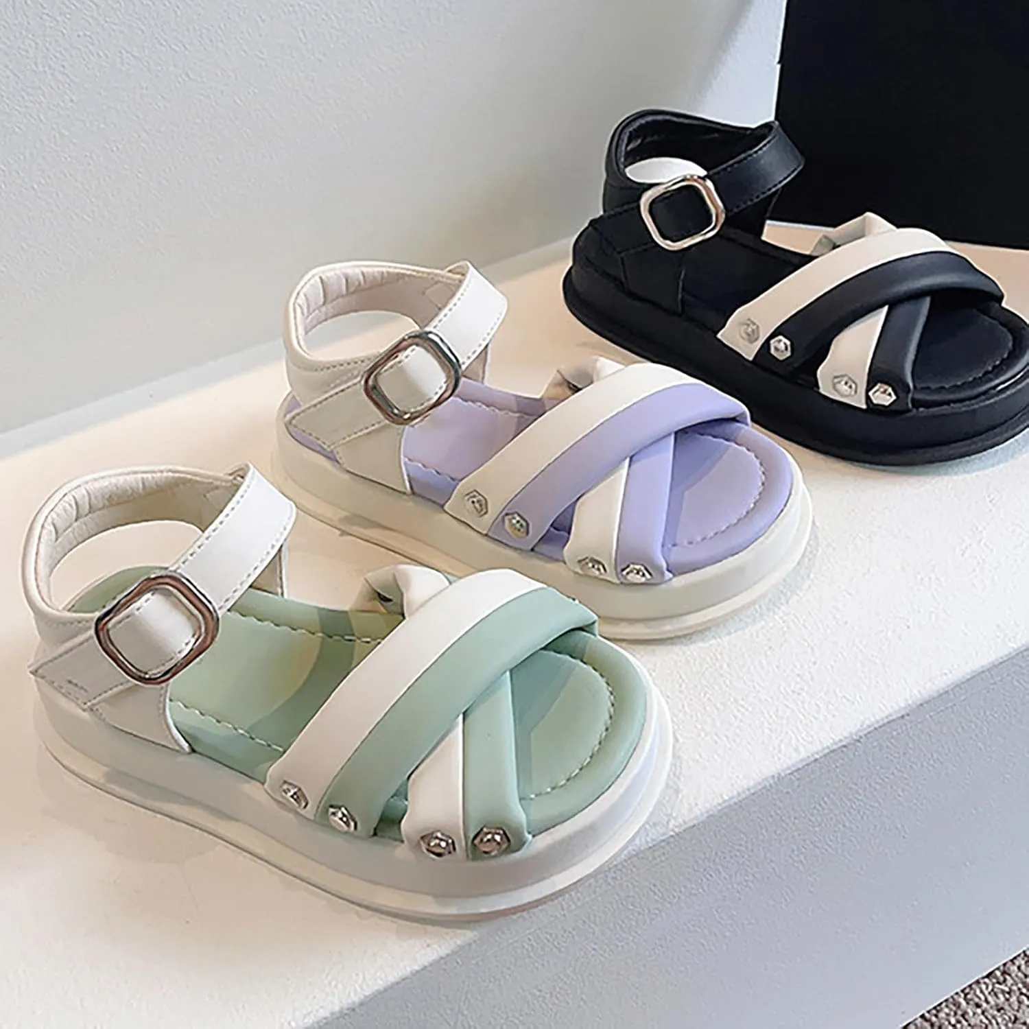 Girls Open Toe Color Blocking Sandals Soft Bottom Shoes Casual Beach Vacation Girls Dress Sandals for Princess Kids