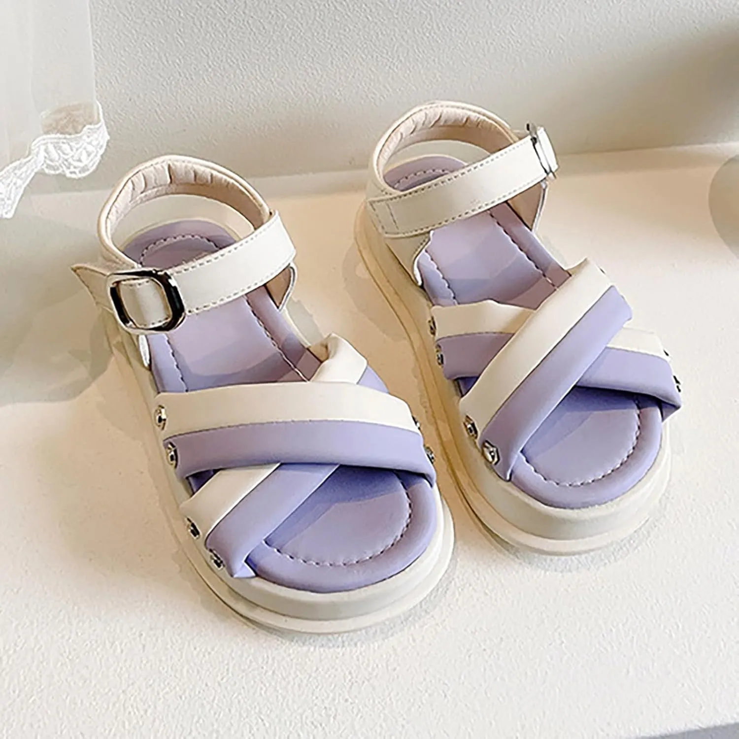 Girls Open Toe Color Blocking Sandals Soft Bottom Shoes Casual Beach Vacation Girls Dress Sandals for Princess Kids