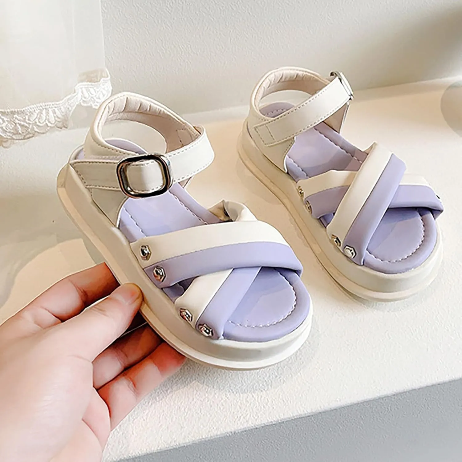 Girls Open Toe Color Blocking Sandals Soft Bottom Shoes Casual Beach Vacation Girls Dress Sandals for Princess Kids
