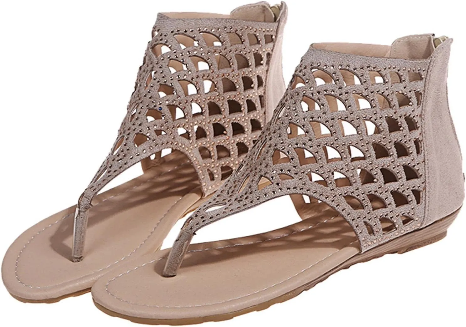 Hbeylia Gladiator Flat Slippers for Women,Summer Casual Rhinestone T-strap Hollow Out Low Heel Zipper Lightweight Dressy Summer Beach Sandals