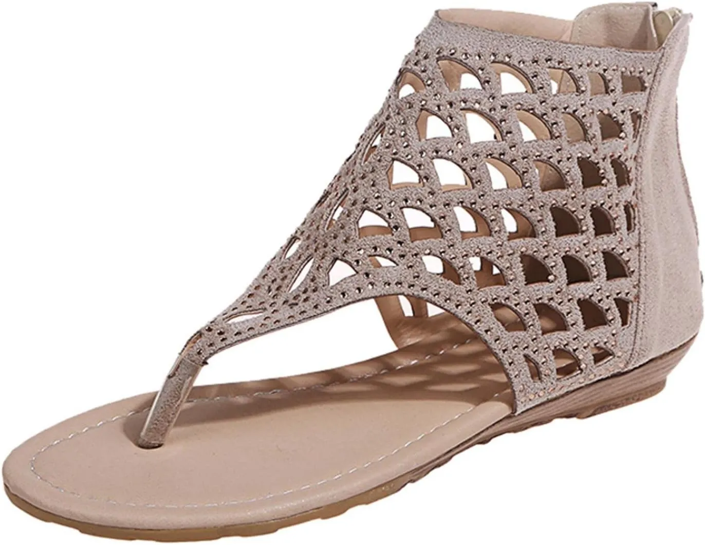 Hbeylia Gladiator Flat Slippers for Women,Summer Casual Rhinestone T-strap Hollow Out Low Heel Zipper Lightweight Dressy Summer Beach Sandals