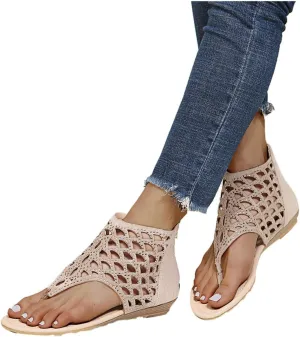 Hbeylia Gladiator Flat Slippers for Women,Summer Casual Rhinestone T-strap Hollow Out Low Heel Zipper Lightweight Dressy Summer Beach Sandals