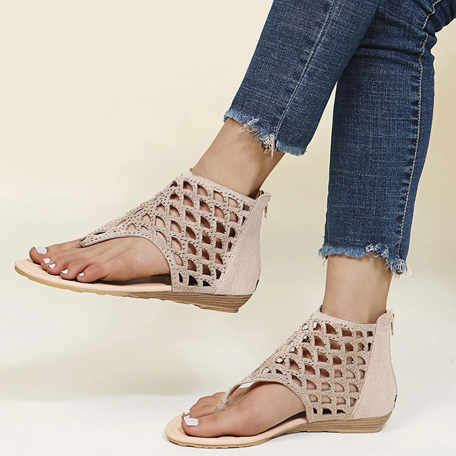 Hbeylia Gladiator Flat Slippers for Women,Summer Casual Rhinestone T-strap Hollow Out Low Heel Zipper Lightweight Dressy Summer Beach Sandals