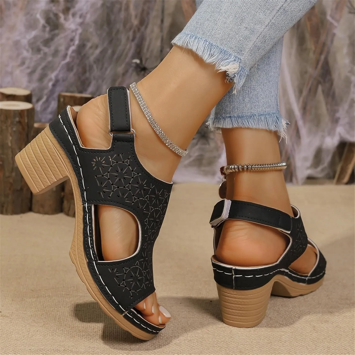 Heeled Sandals for Women Breathable Cutout Slip On Low Wedge Sandals Open Toe Hook and Loop Chunky Heels Dress Shoes Indoor Outdoor for Summer