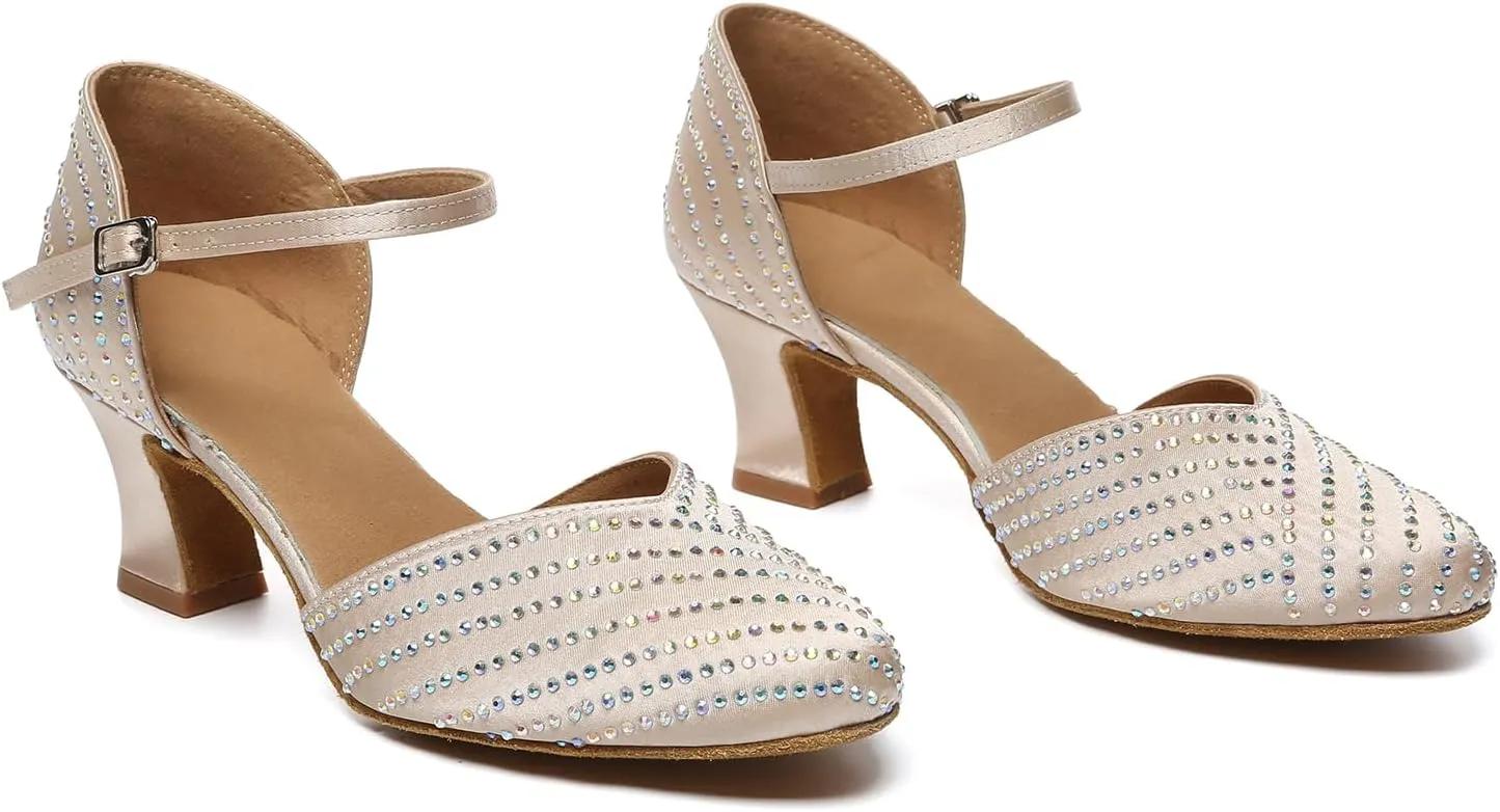 HIPPOSEUS Women's Closed Toe Latin Dance Heels Rhinestone Comfortable Ballroom Dancing Pumps,Model YCL