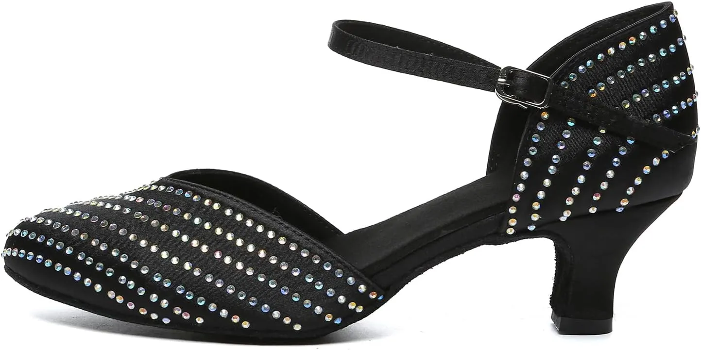HIPPOSEUS Women's Closed Toe Latin Dance Heels Rhinestone Comfortable Ballroom Dancing Pumps,Model YCL