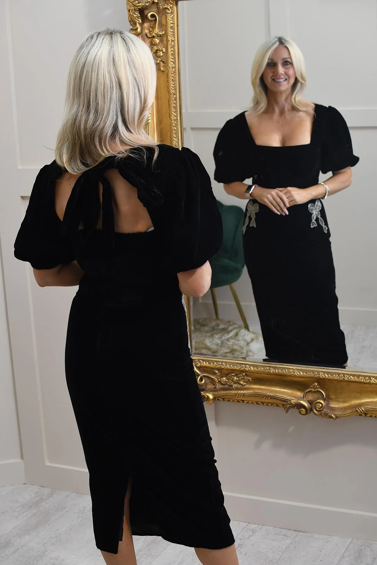 Hope & Ivy Puff Sleeve Midi Dress With Embellished Bow Details- Alba