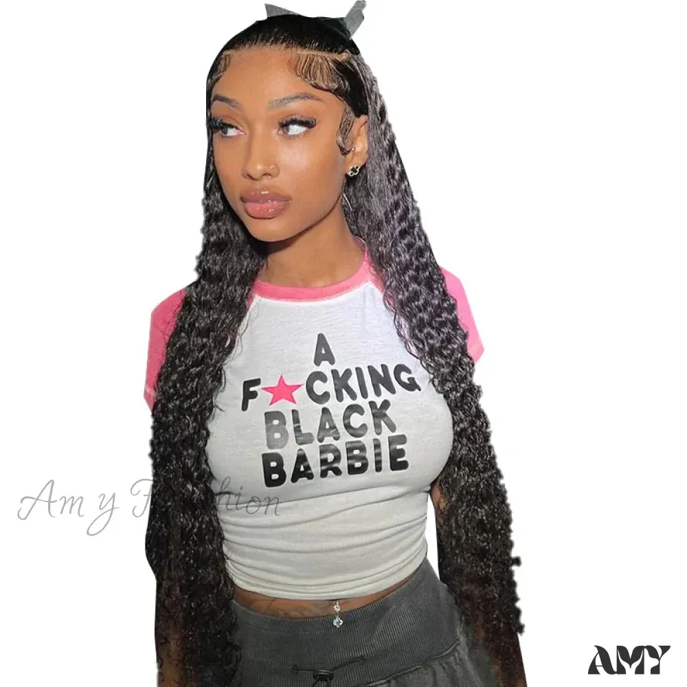 Hottie Fashion Patchwork Letter Print Pullover High Stretch Skinny O Neck Crop Top