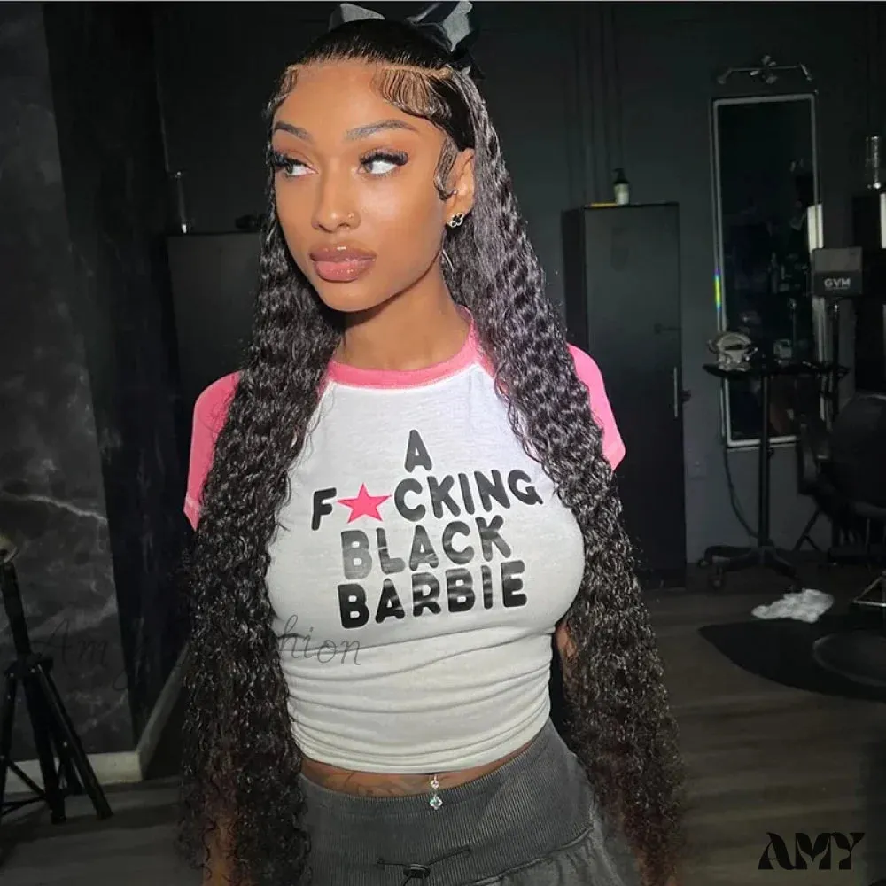 Hottie Fashion Patchwork Letter Print Pullover High Stretch Skinny O Neck Crop Top