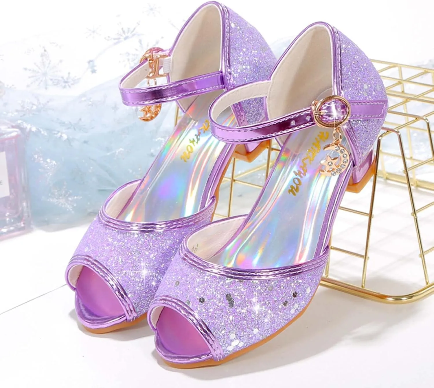JOEupin Girls Sandals Glittler Dress Shoes Princess Crystal High Heels Party Wedding Flower Girls Shoes for Kid Toddler