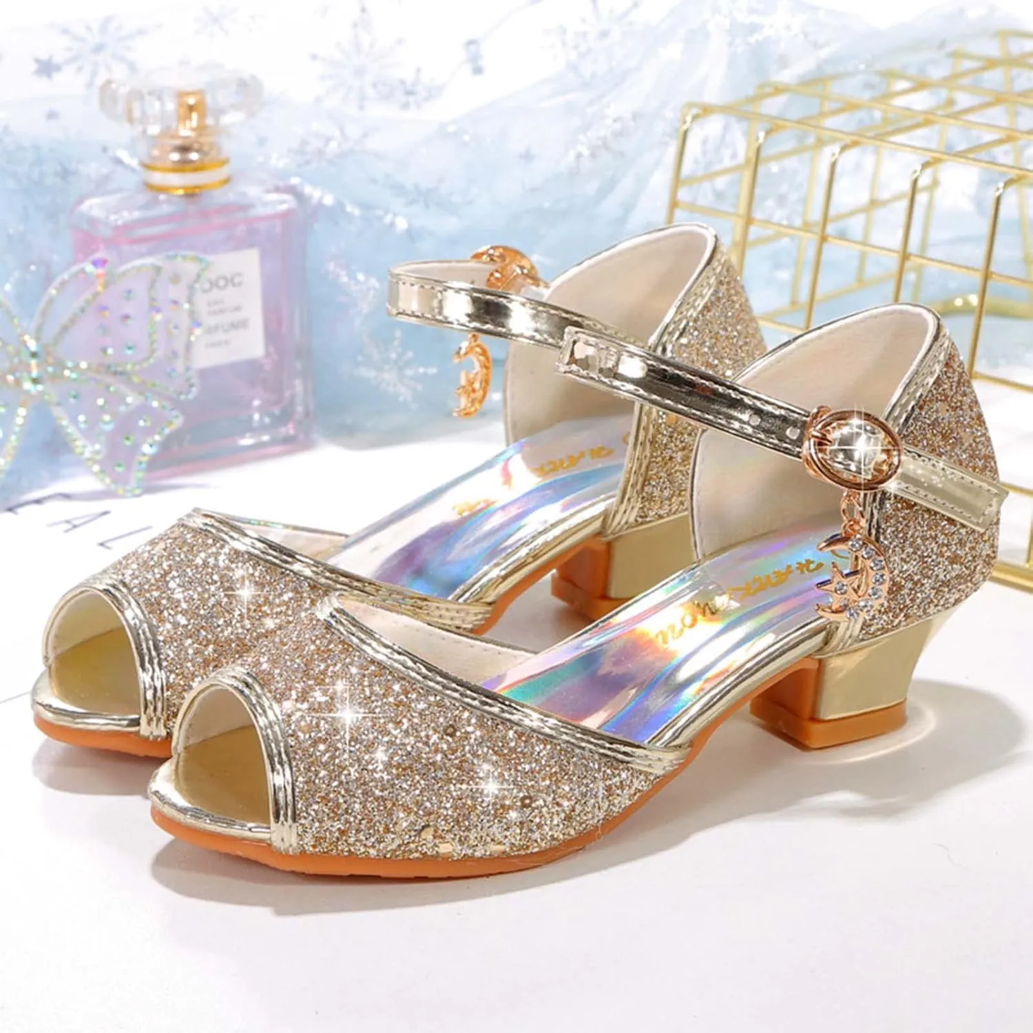 JOEupin Girls Sandals Glittler Dress Shoes Princess Crystal High Heels Party Wedding Flower Girls Shoes for Kid Toddler
